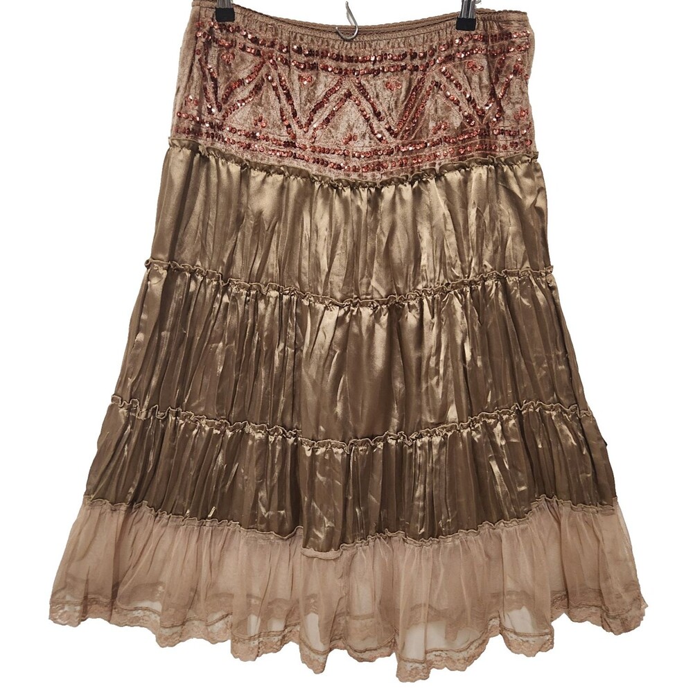 Apollo Women’s Tiered Broomstick Boho Maxi Skirt Velvet Lace Sequin Brown Size M
